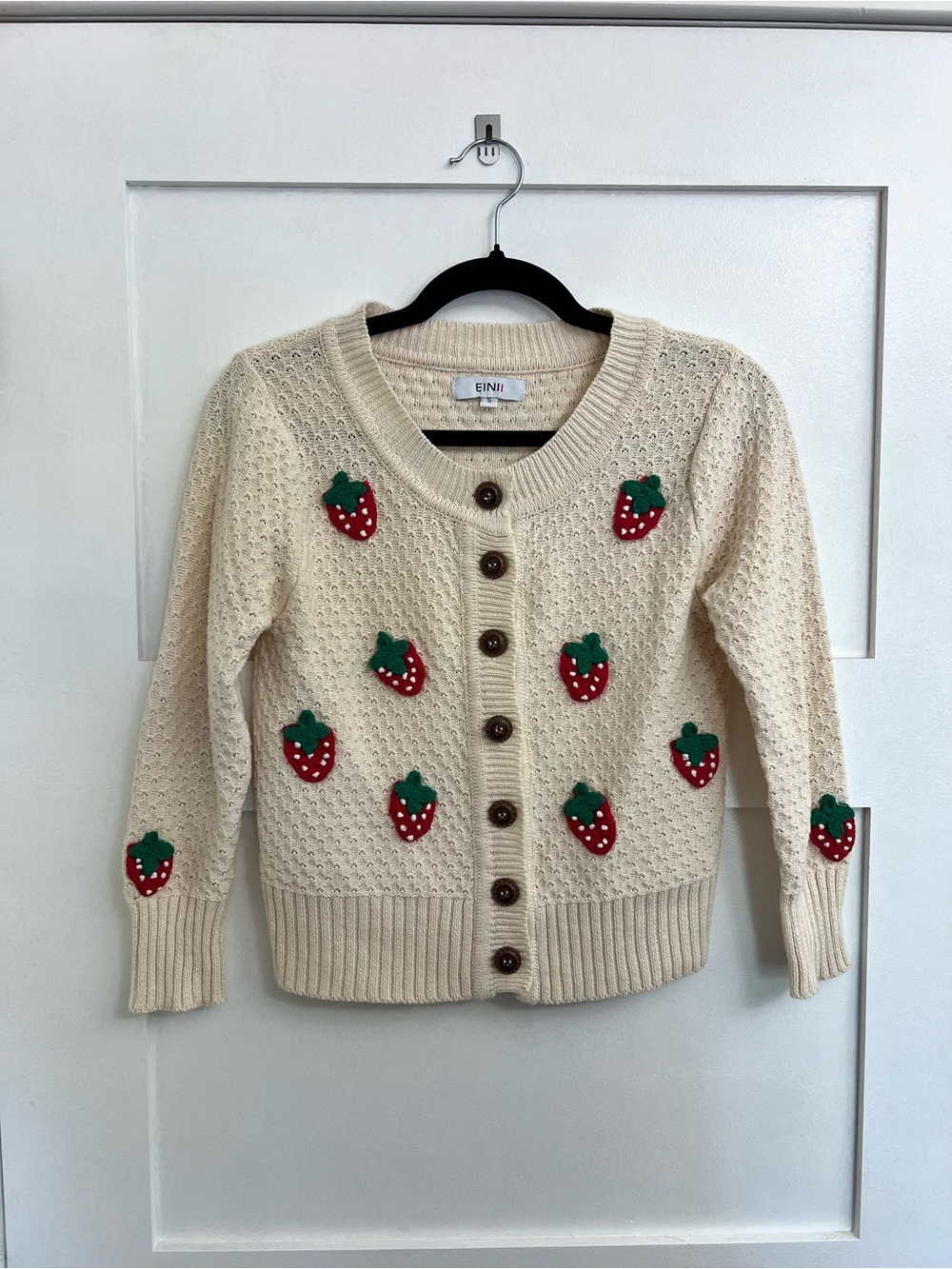 Cream Crochet Strawberry Appliqué Cardigan Sweater